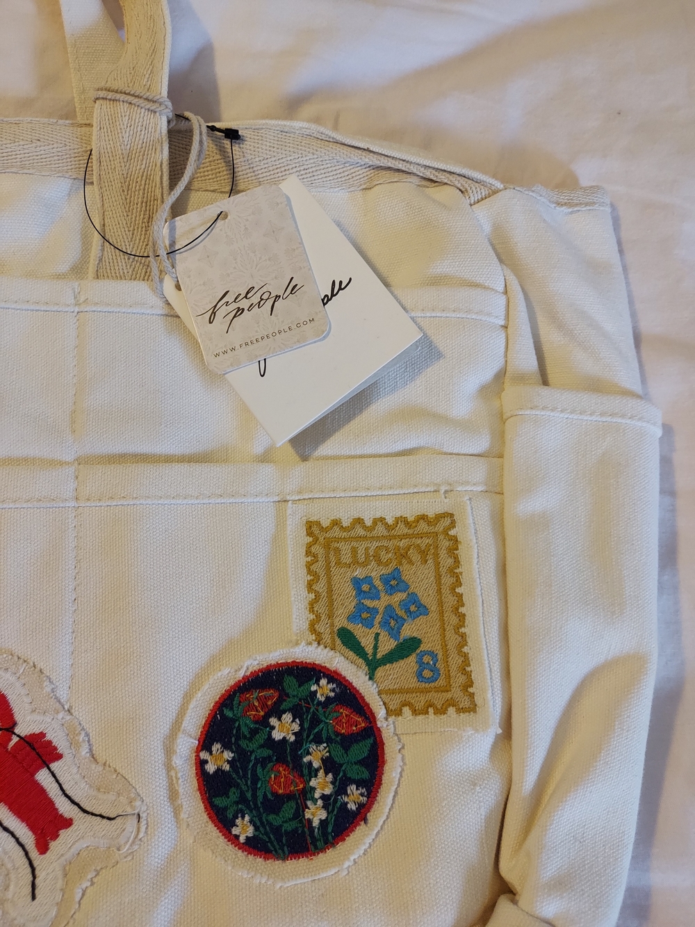Free People Kiss My Patch Canvas Tote Bag in Mineral NWT - Picture 3 of 14